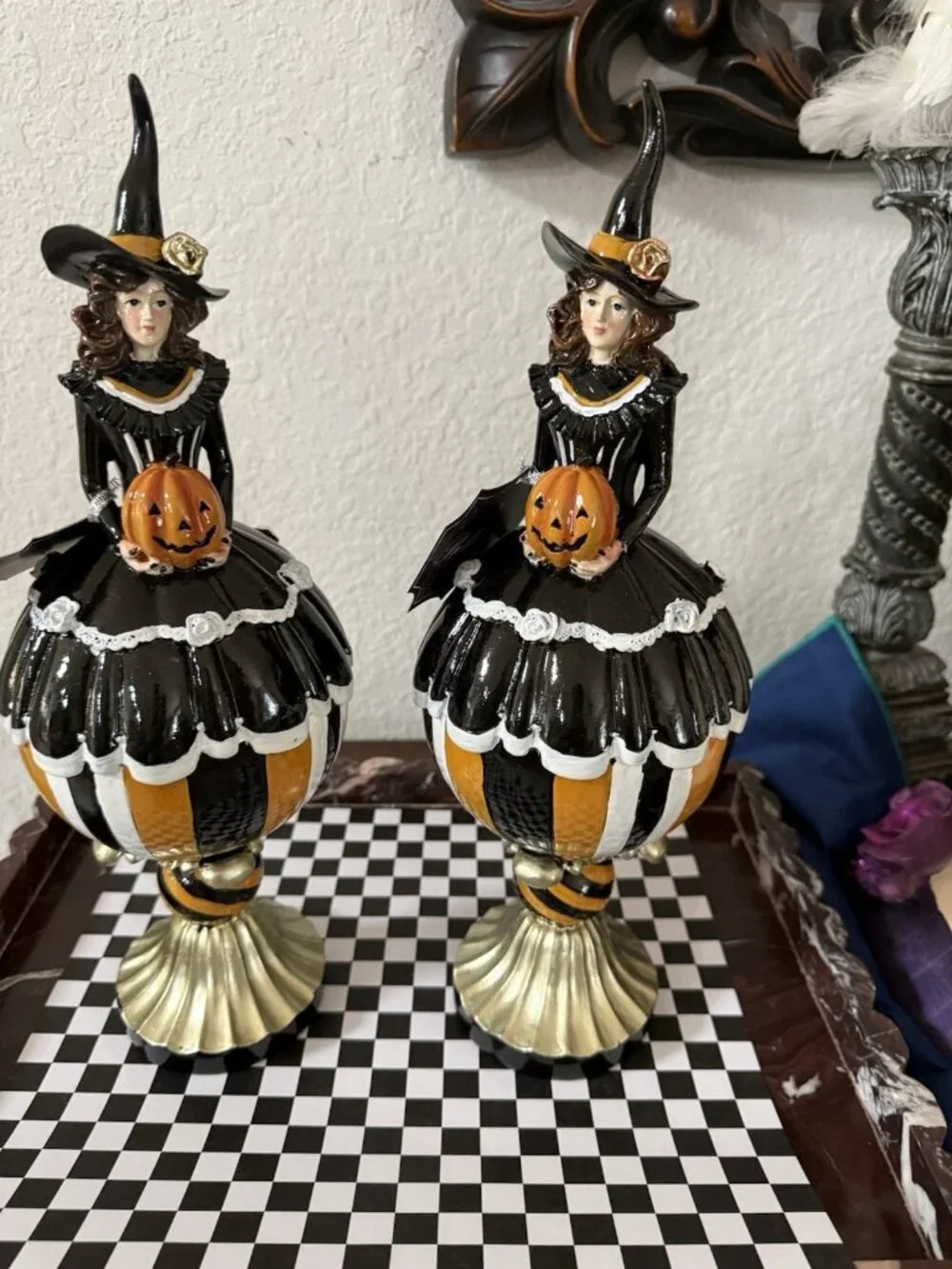 2 Bella Lux Witch on Pumpkin Jack O Lantern Black Dress White Rosebuds Lace NWT